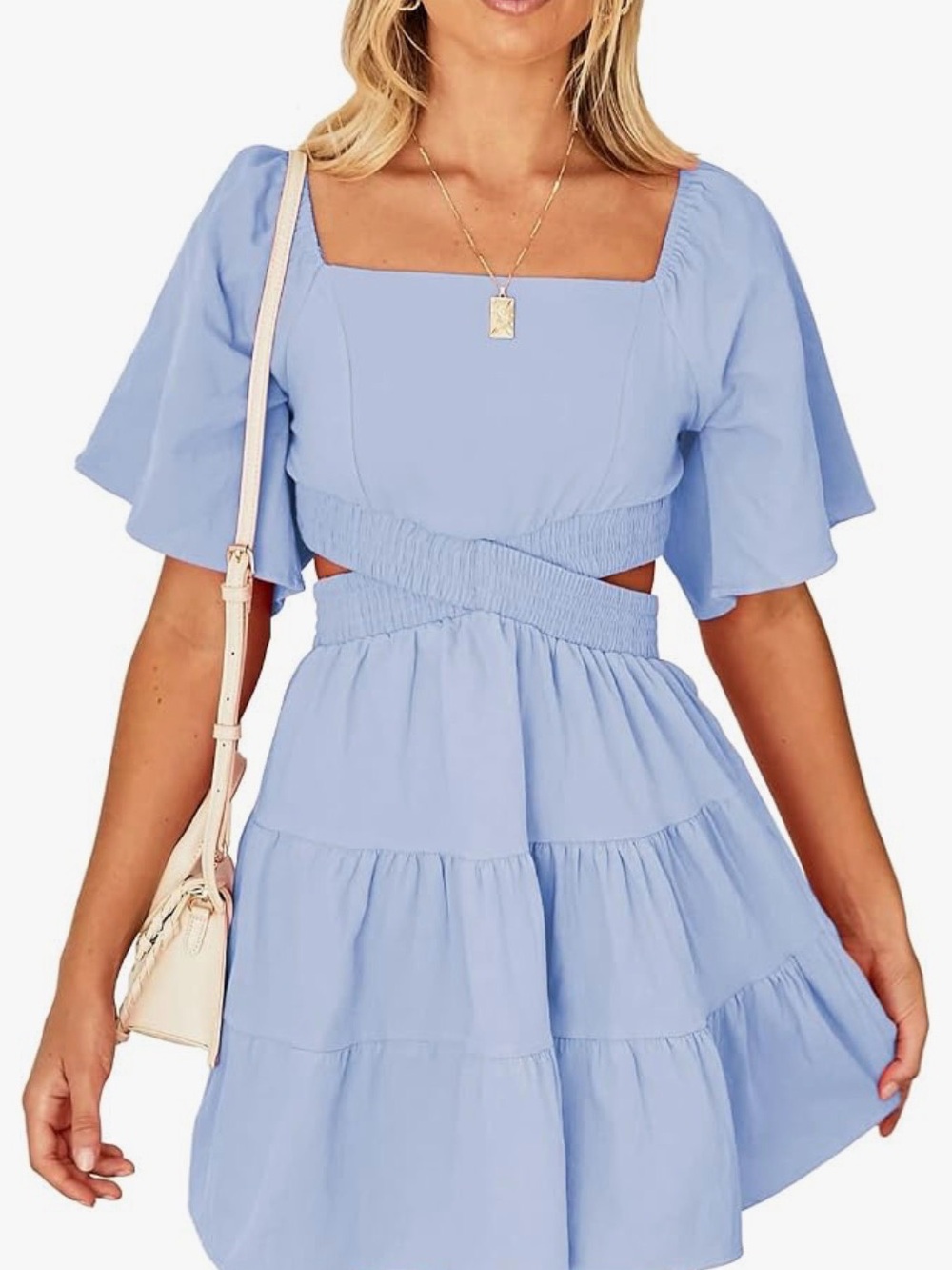 🐟Pastel Blue Crisscross Cutout Tiered Mini Dress - Women